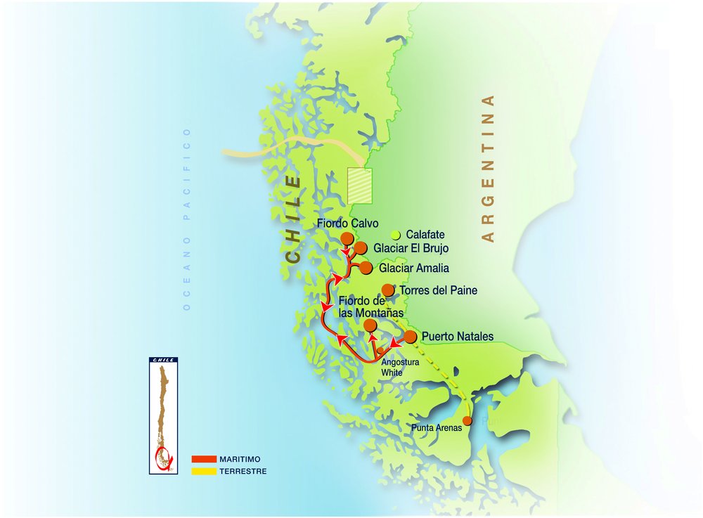 Routekaart van Expeditiereis naar Zuid-Patagonisch ijsveld