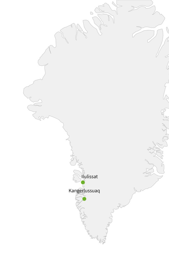 Routekaart van Noorderlicht en ijsbergen in West Groenland
