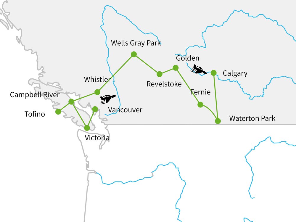 Routekaart van Nationale Parken & Wildlife in West-Canada
