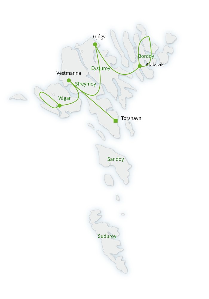 Routekaart van Vakantiehuisjes op de Faeröer