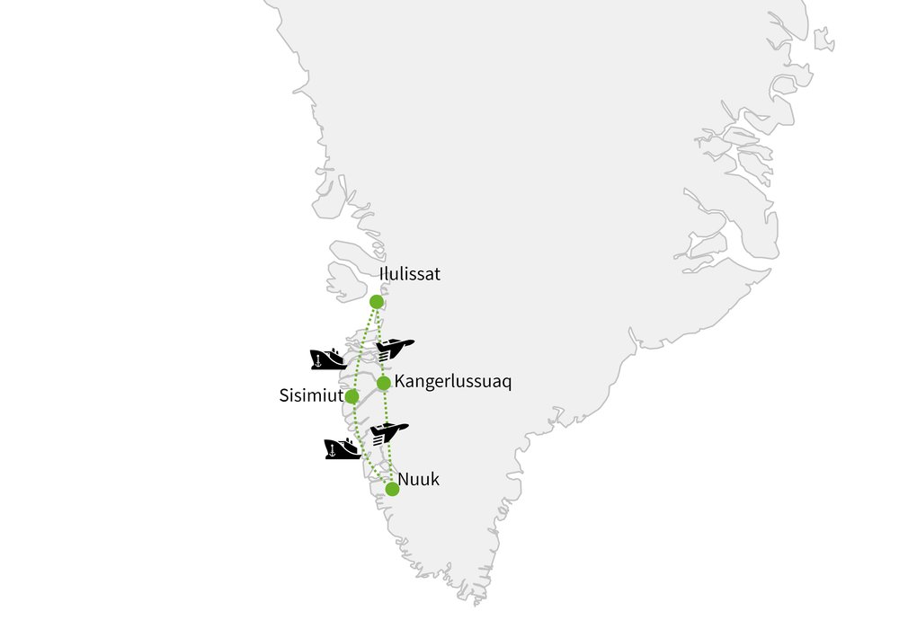 Routekaart van Groepsreis Hoogtepunten van Groenland