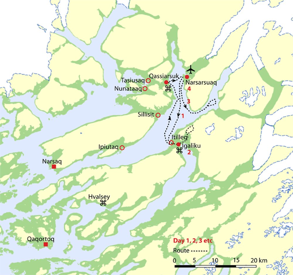 Routekaart van Actieve shortbreak Zuid-Groenland