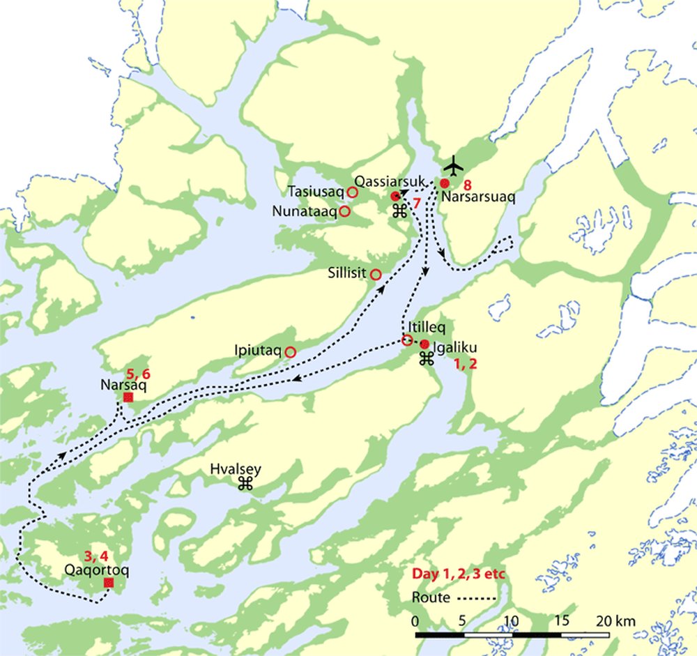 Routekaart van Wandelen in Zuid-Groenland