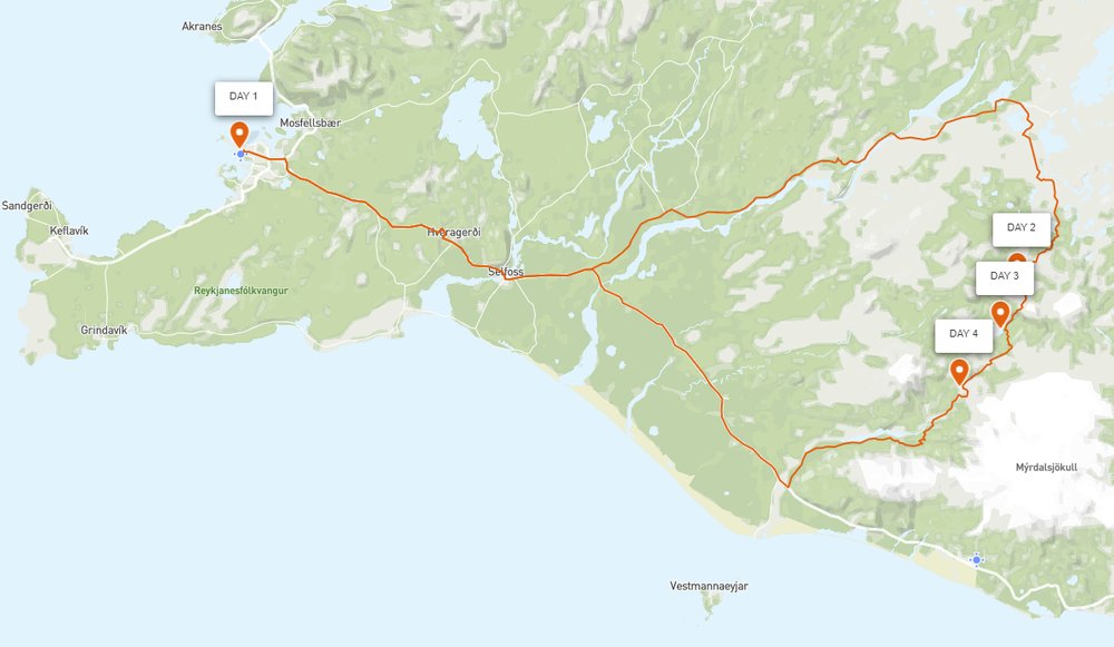 Routekaart van Wandeltocht Laugavegur