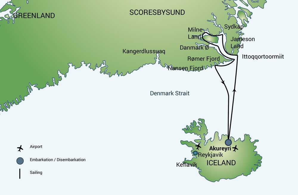 Routekaart van Basecamp reis Scoresbysund & Oost-Groenland