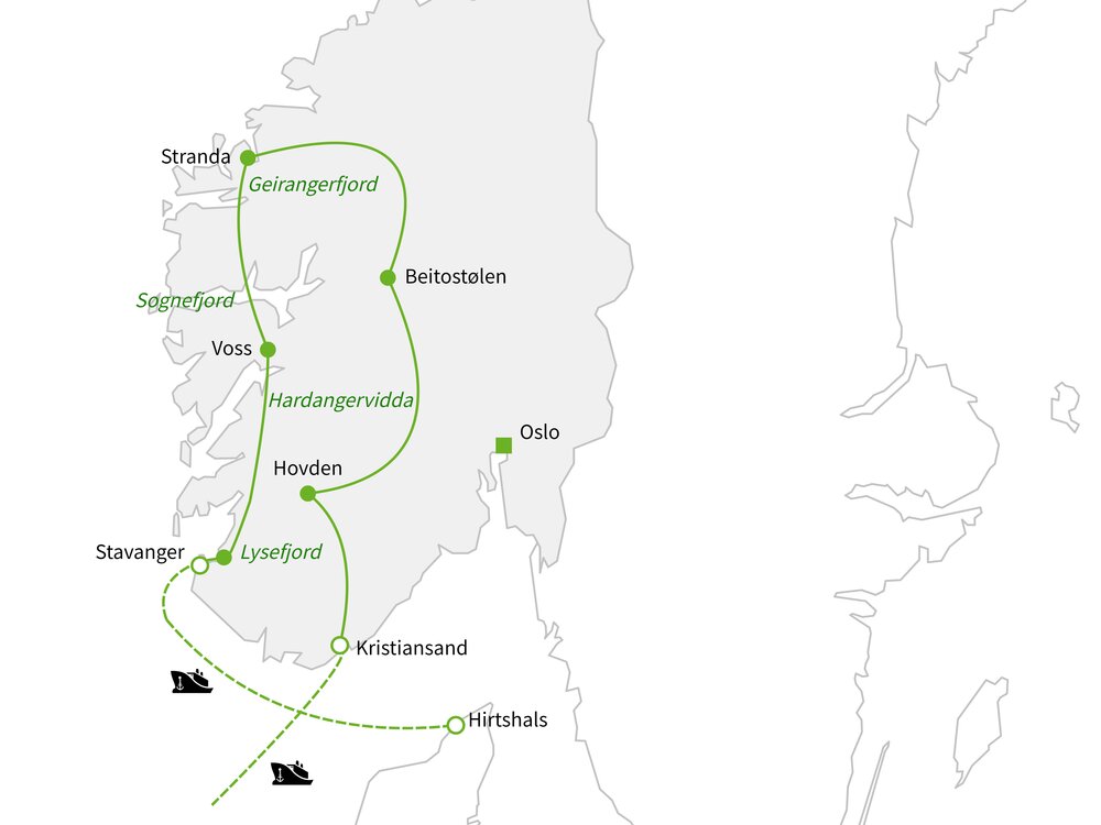 Routekaart van Hoogtepunten van Noorwegen