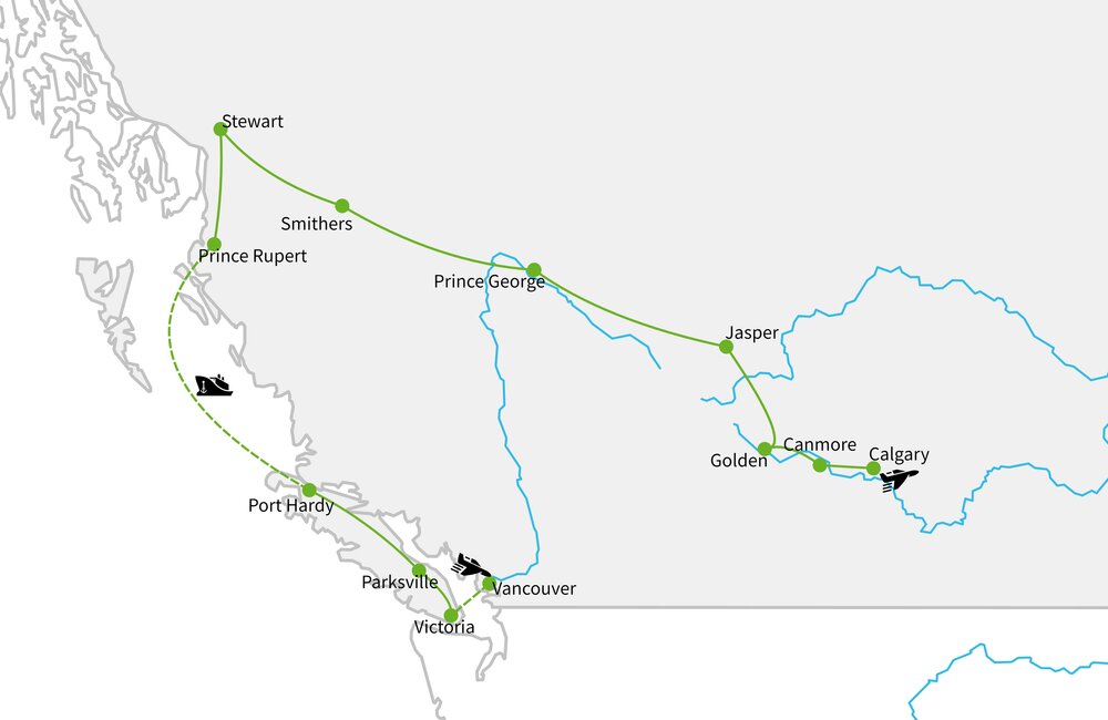 Routekaart van Inside Passage & The Rockies