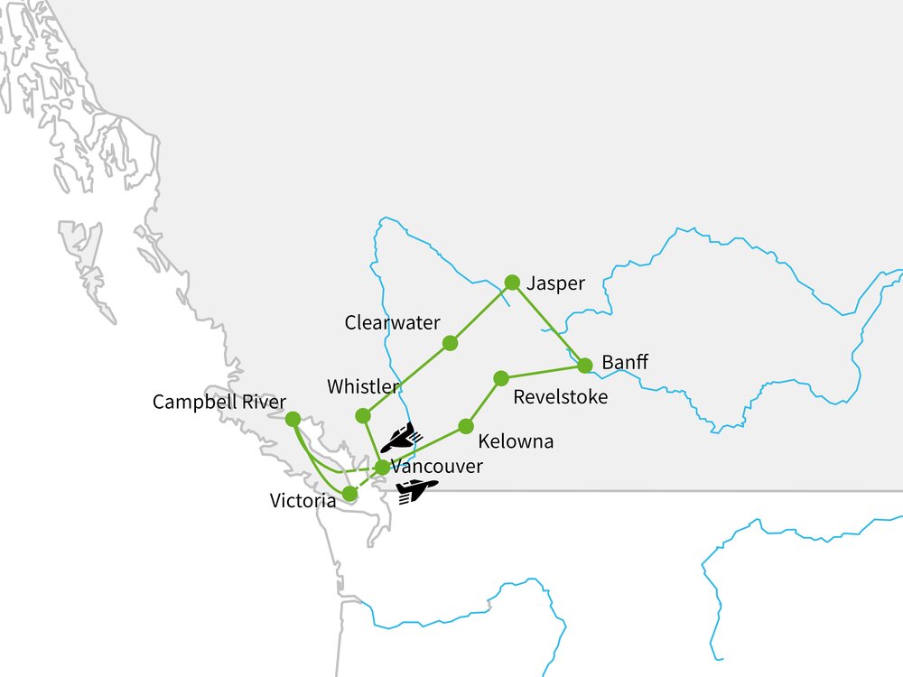 Routekaart van Droomplekken West-Canada