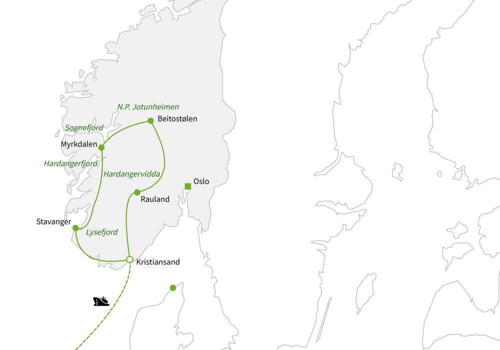 Routekaart van Op en top Noorwegen