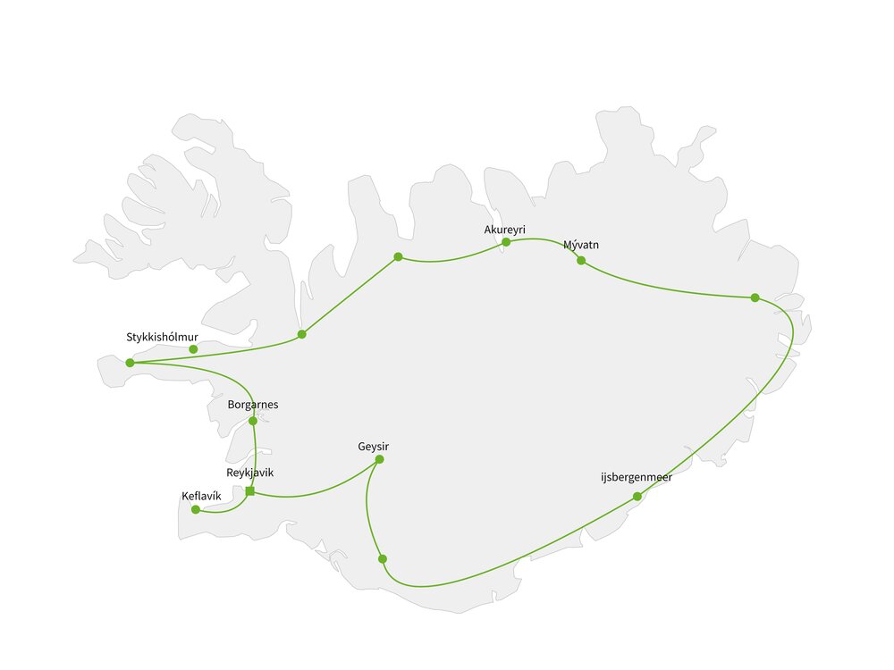 Routekaart van Hoogtepunten IJsland