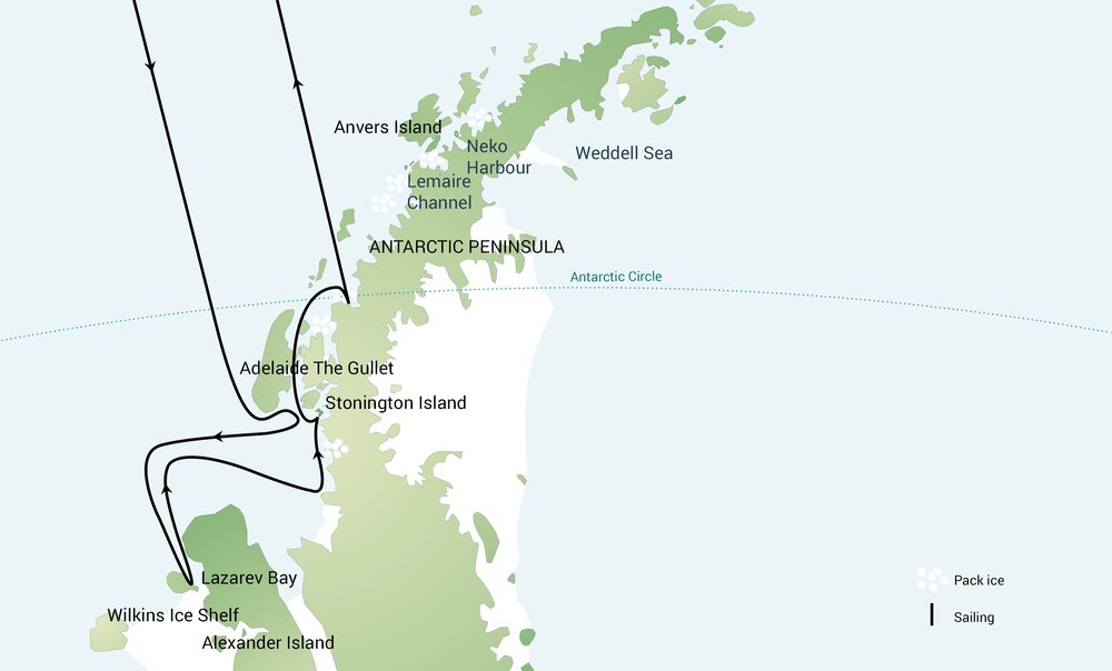 Routekaart van Antarctica, Wilkins Ice Shelf en Aurora Australis