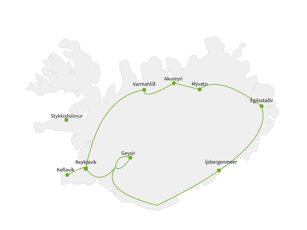Routekaart van Rond IJsland in vakantiehuisjes