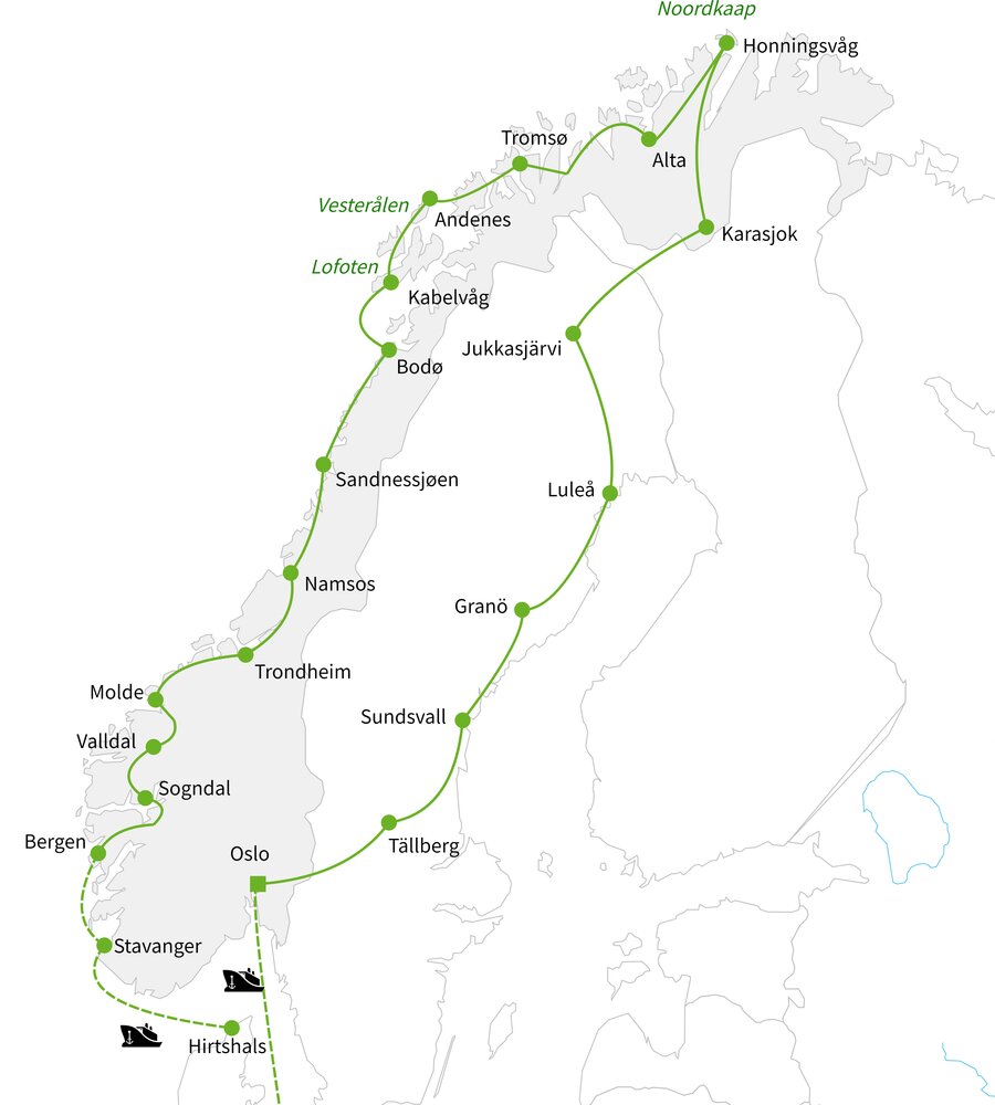 Routekaart van Met eigen auto naar de Noordkaap