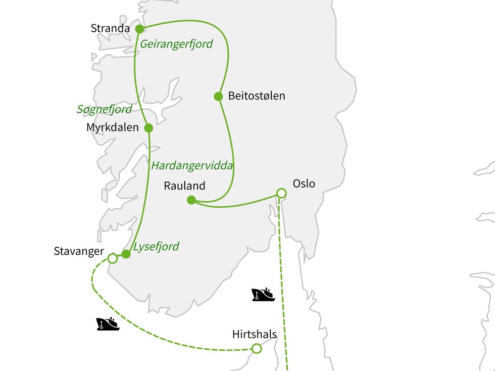 Routekaart van Hoogtepunten van Noorwegen