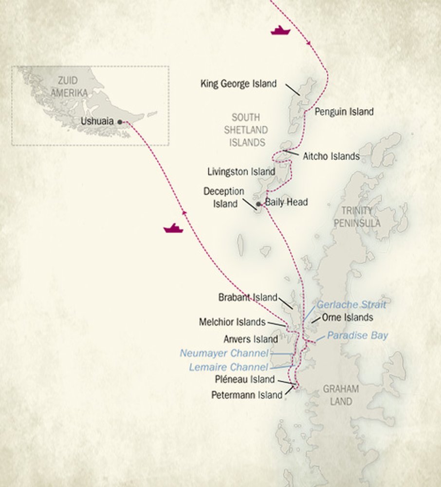 Routekaart van Antarctica, de klassieke route