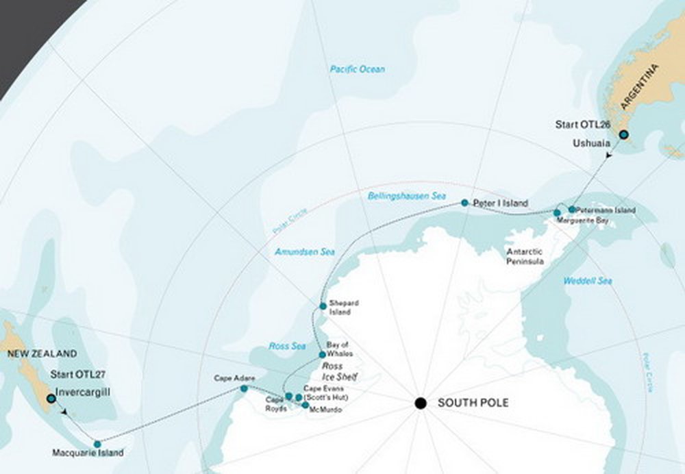 Routekaart van Expeditie naar de Ross Zee, inclusief helikopters