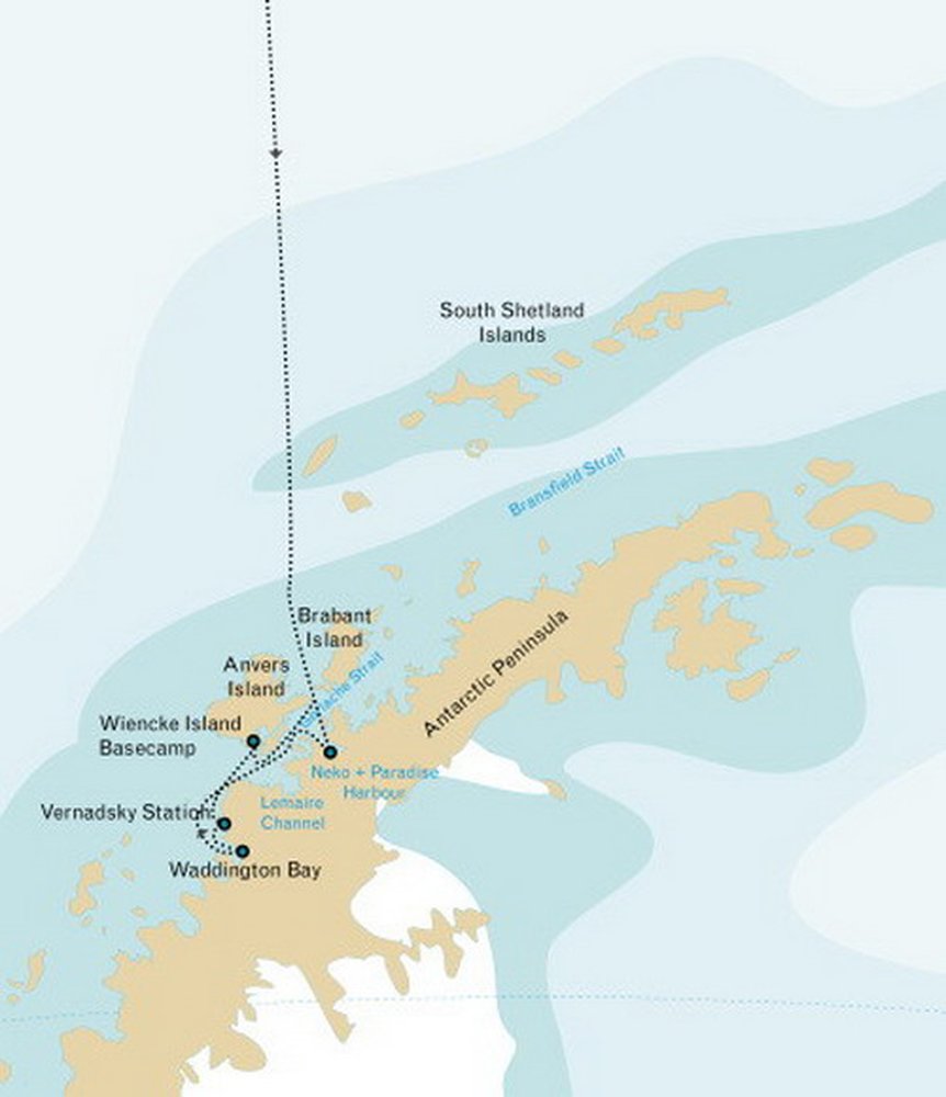 Routekaart van Basecamp Antarctica