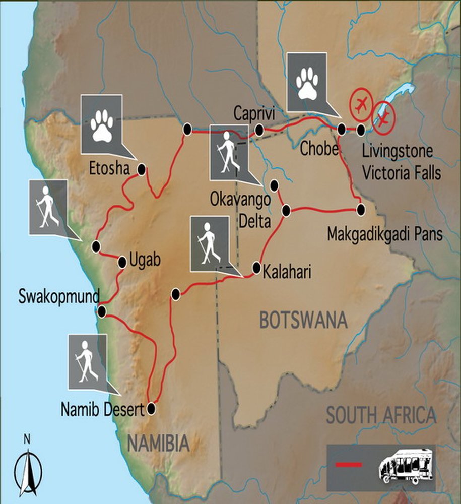 Routekaart van Namibia & Botswana Southern Circle