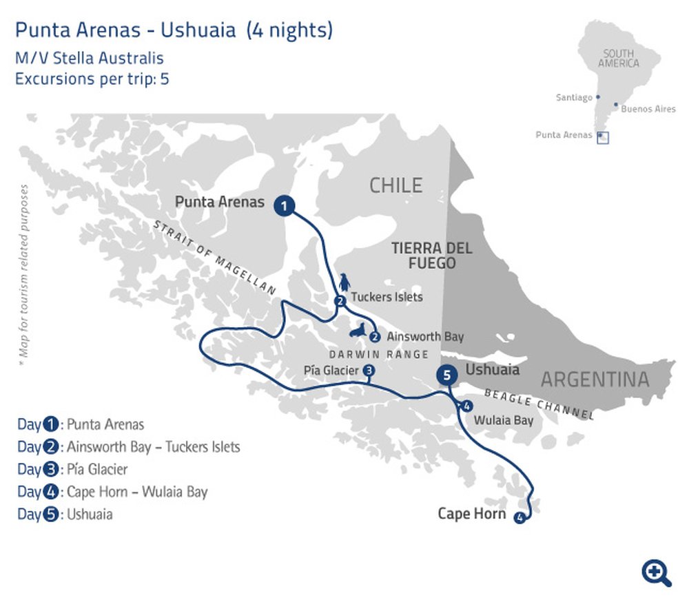 Routekaart van Bootreis naar Kaaphoorn en Tierra del Fuego vanuit Punta Arenas