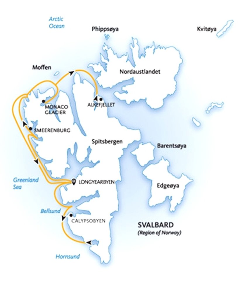 Routekaart van Expeditiereis Spitsbergen, Noord-, West- en Zuidkust