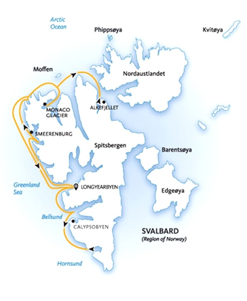 Routekaart van Expeditiereis Spitsbergen, Noord-, West- en Zuidkust
