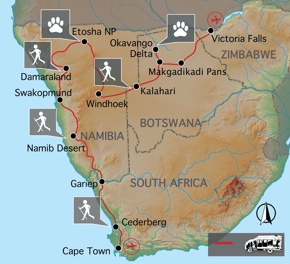 Routekaart van Kaapstad naar Victoria watervallen