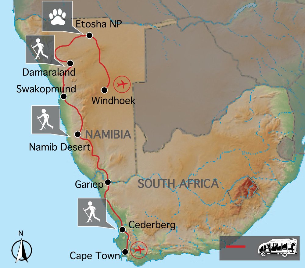 Routekaart van Cape to Namibia
