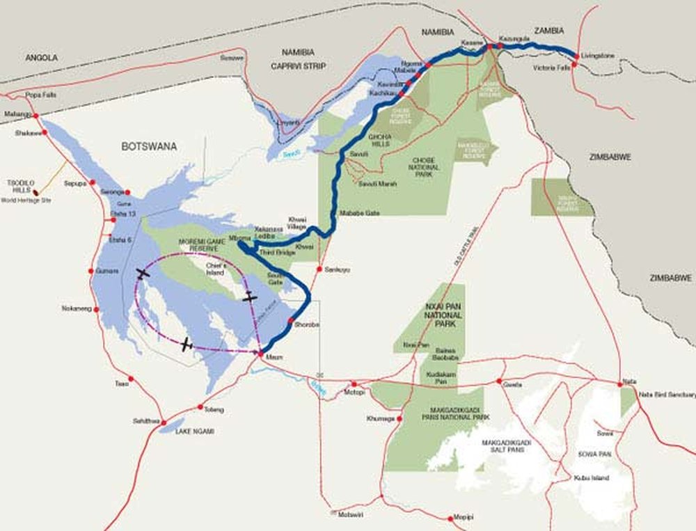 Routekaart van Kampeersafari Moremi/Chobe