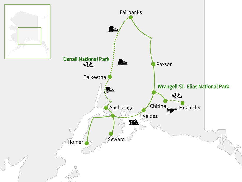 Routekaart van Alaska Rail & Road