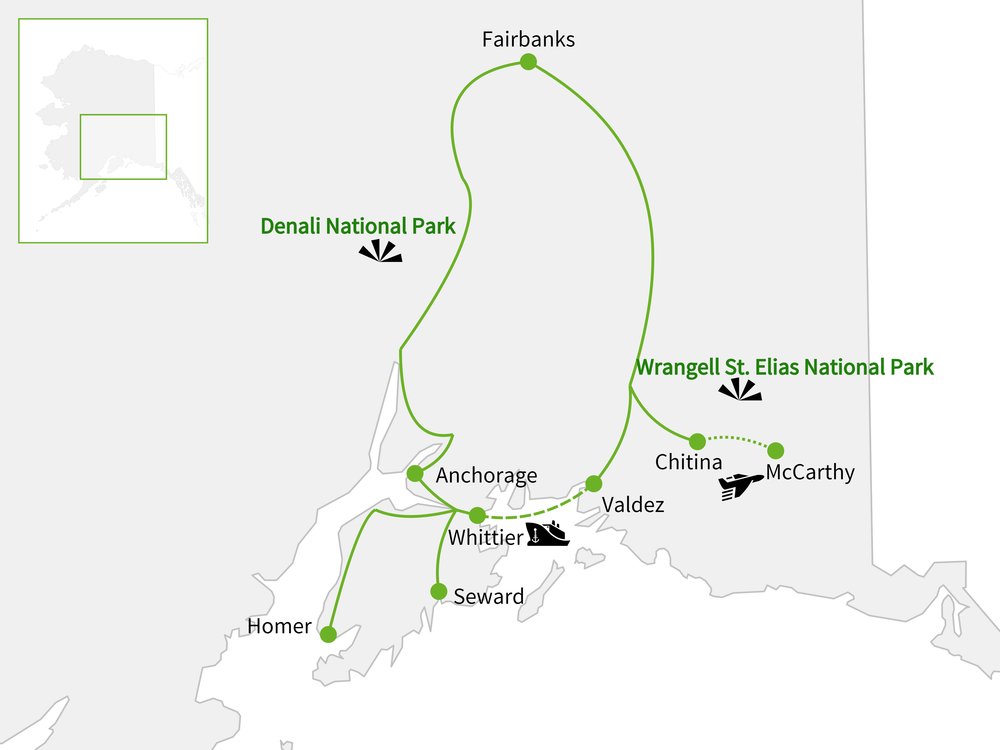 Routekaart van IJsland & Alaska 21 dagen
