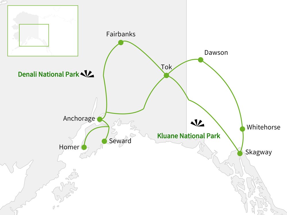 Routekaart van Alaska & Yukon 21 dagen