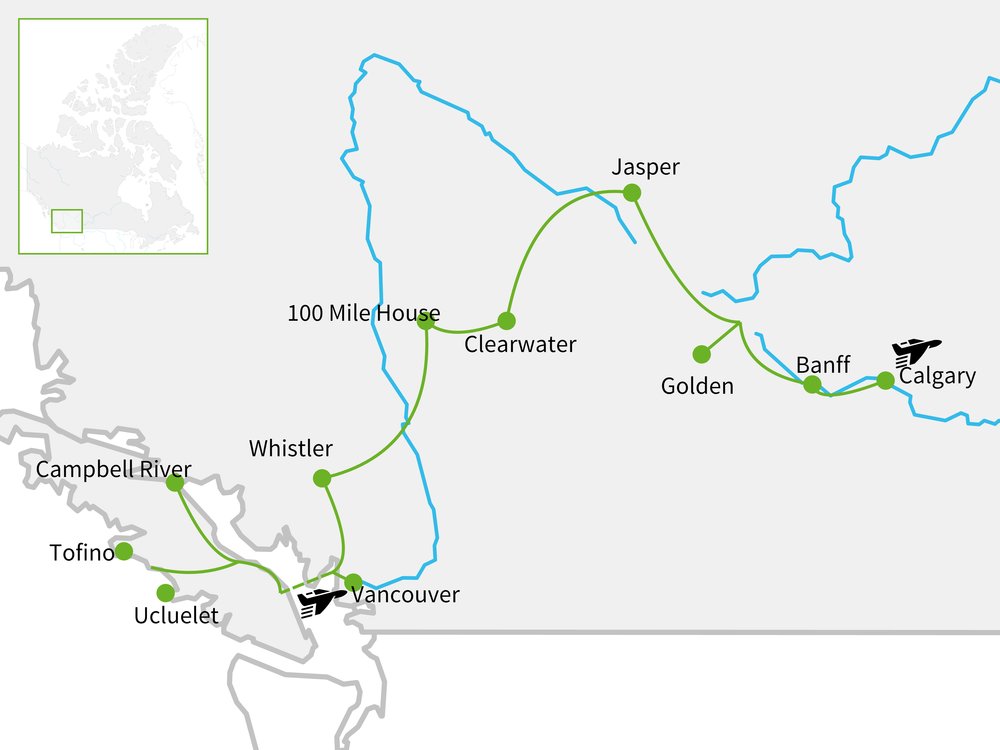 Routekaart van Vakantiehuisjes & appartementen West-Canada