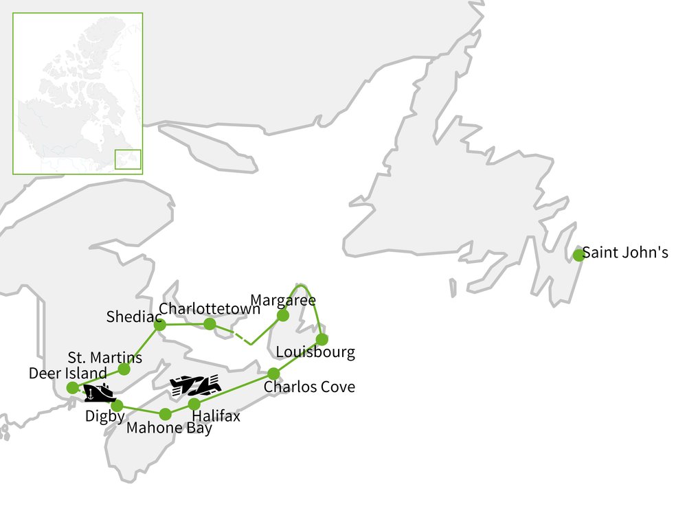 Routekaart van Country Inns in Maritiem Canada