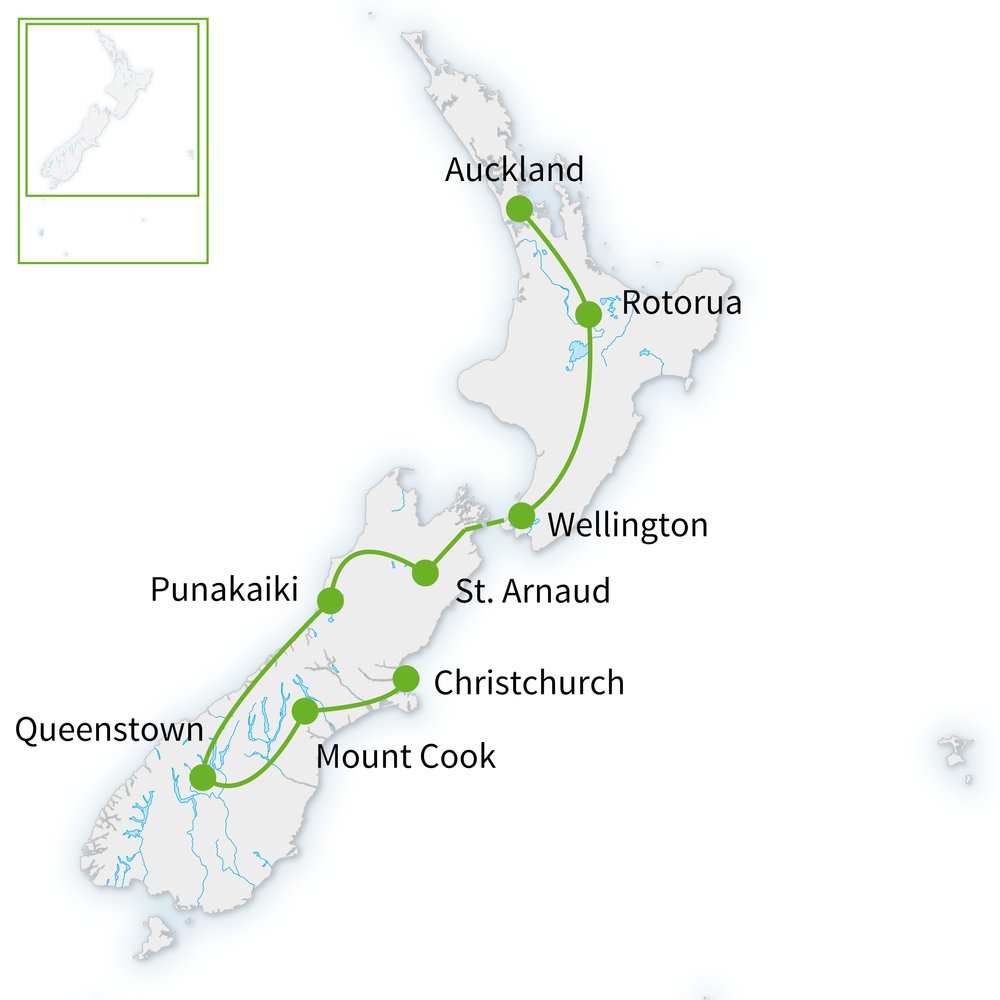 Routekaart van Wandelen in Nieuw-Zeeland