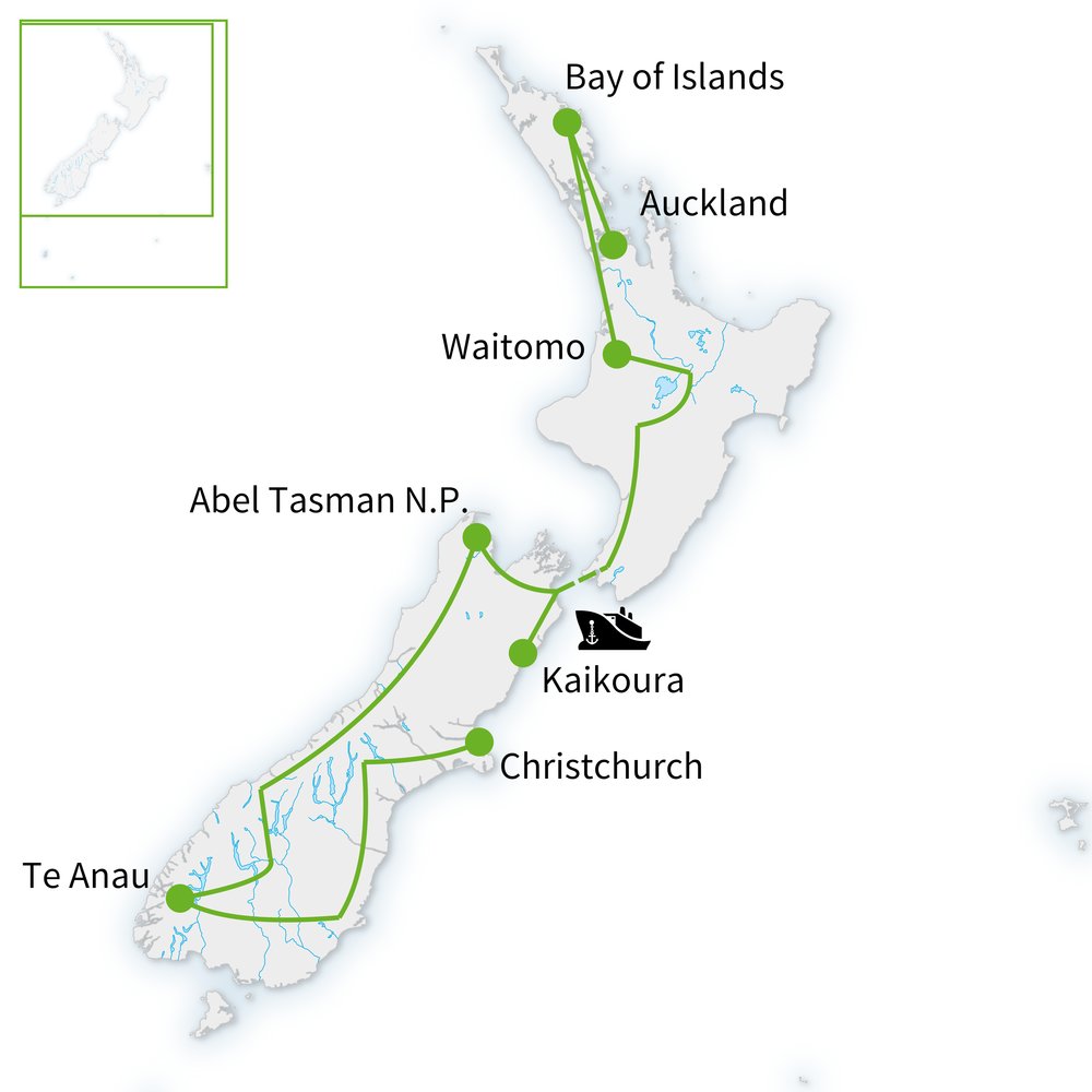Routekaart van Verrassend & voordelig Nieuw-Zeeland