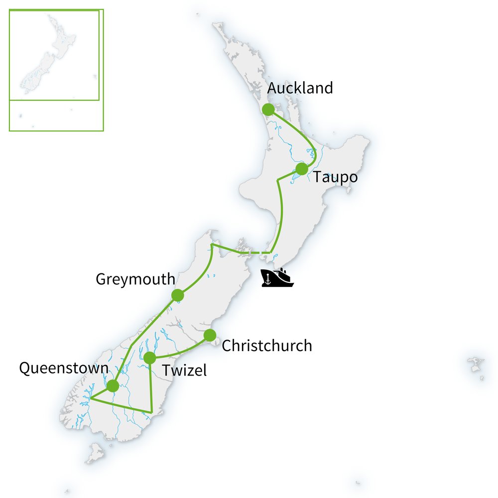 Routekaart van Fietsen in Nieuw-Zeeland