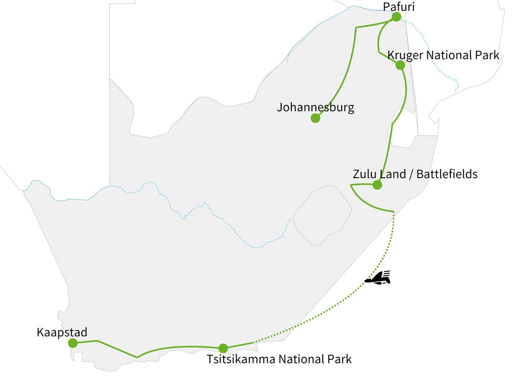 Routekaart van Actief & In stijl Zuid-Afrika