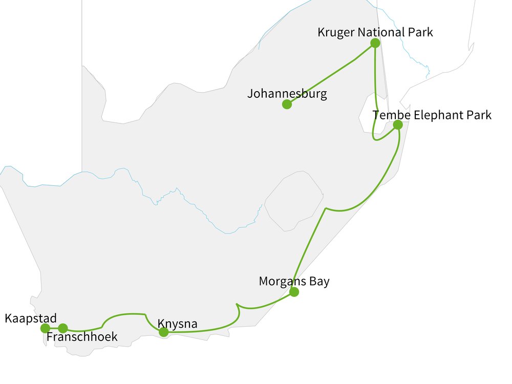 Routekaart van Uniek & Boetiek Zuid-Afrika