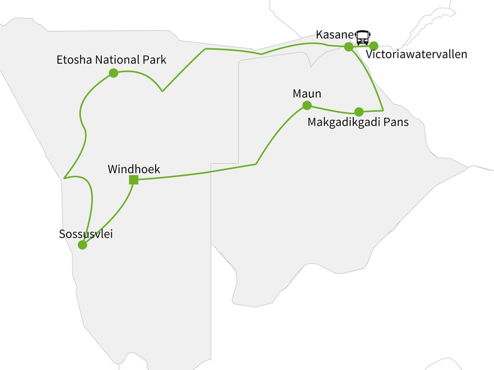 Routekaart van 100% Namibië & Botswana