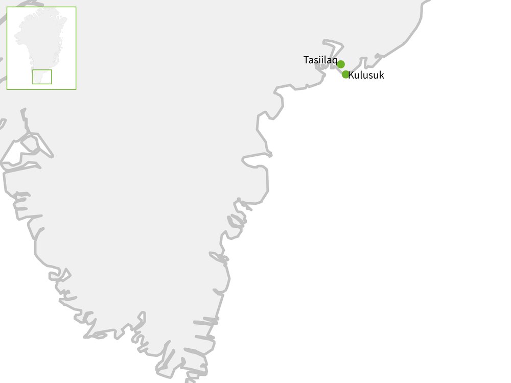 Routekaart van IJsbergen en gletsjers in Oost-Groenland