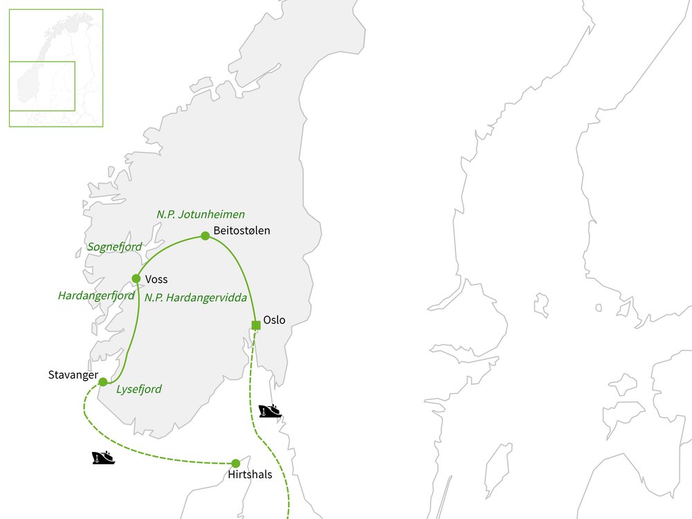 Routekaart van Op en top Noorwegen