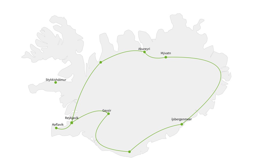 Routekaart van IJsland in vogelvlucht