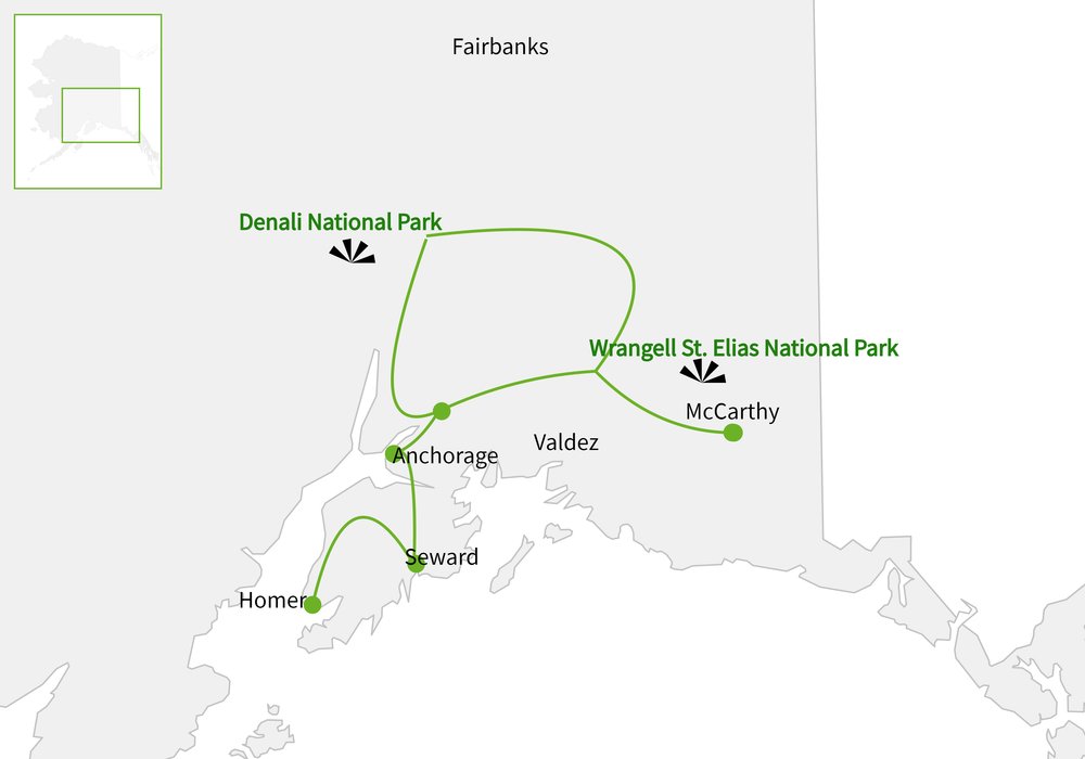 Routekaart van Groepsreis Alaska Natuurlijk