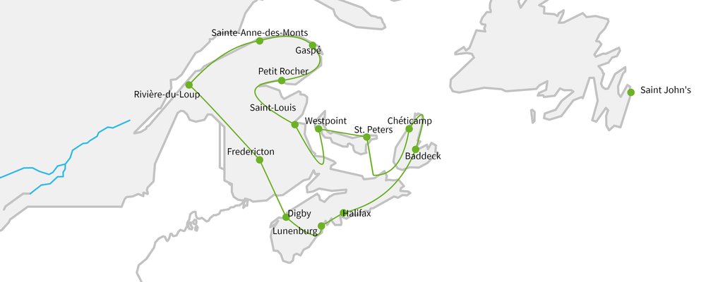 Routekaart van Hoogtepunten van Oost-Canada