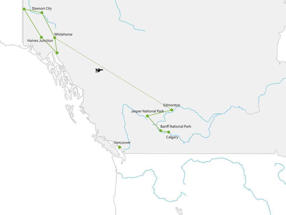 Routekaart van Ruige Rockies & Yukon