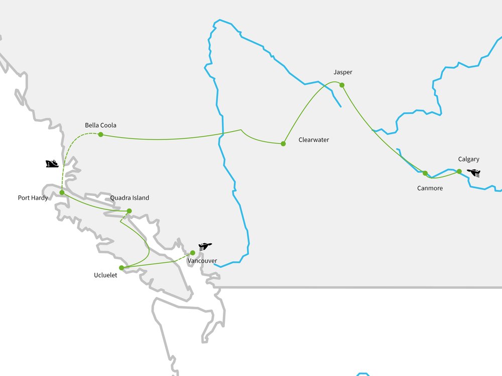 Routekaart van West-Canada Lodge Adventure