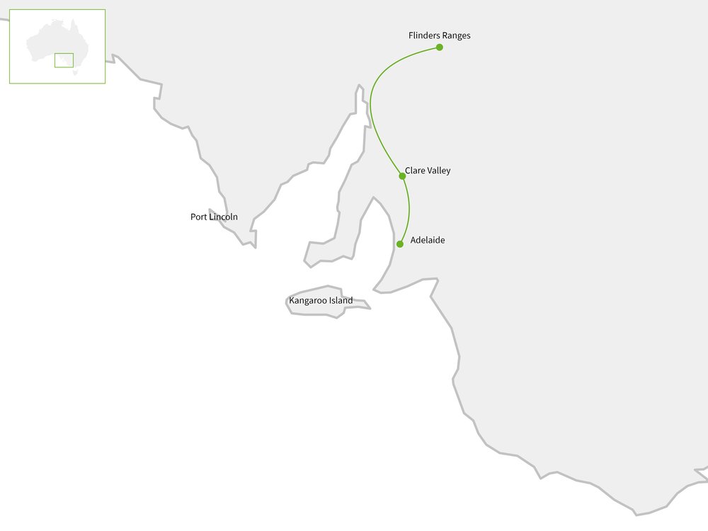Routekaart van Flinders Ranges en Clare Valley
