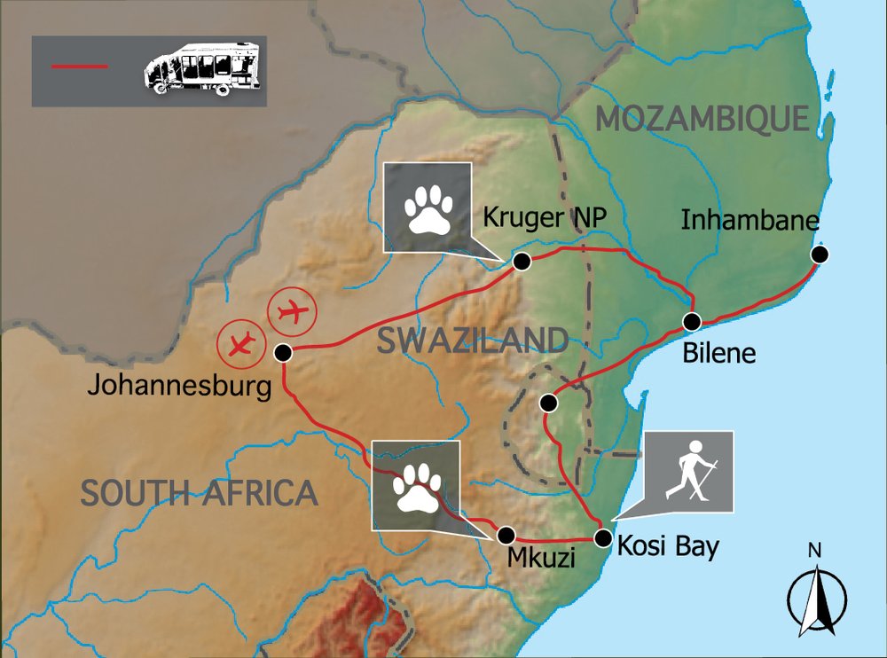 Routekaart van Mozambique & Kruger - Beach & Bush