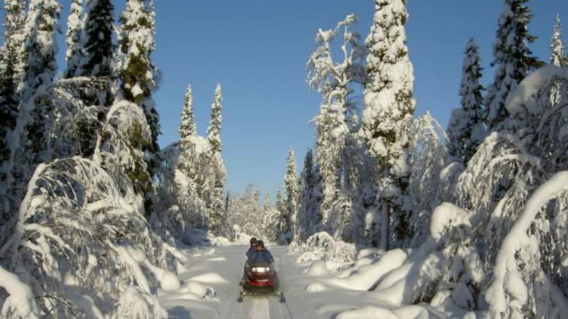 Op de sneeuwscooter is het volop genieten van de besneeuwde bossen